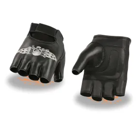 Xelement XG353 Men's Black 'Skull' Embroidered Leather Fingerless Gloves