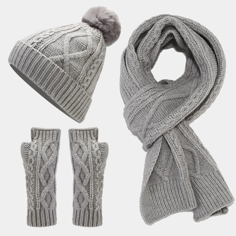 3Pcs Women's Cable Knitted Hat Scarf Fingerless Mittens Set