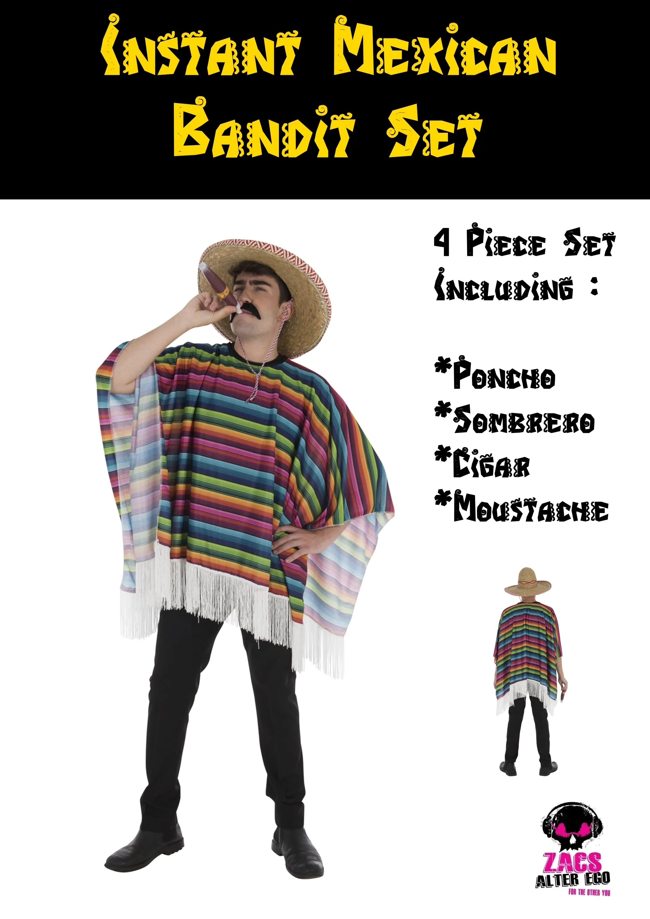 4 Piece Instant Mexican Bandit Set - Poncho, Sombrero, Cigar & Moustache