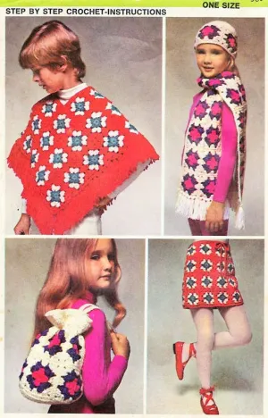 70s SIMPLICITY 9742 Step By Step Crochet Fashions Pattern Granny Squares Poncho, Skirt, Hat, Scarf, Bag Pattern Instructions ONE SIZE