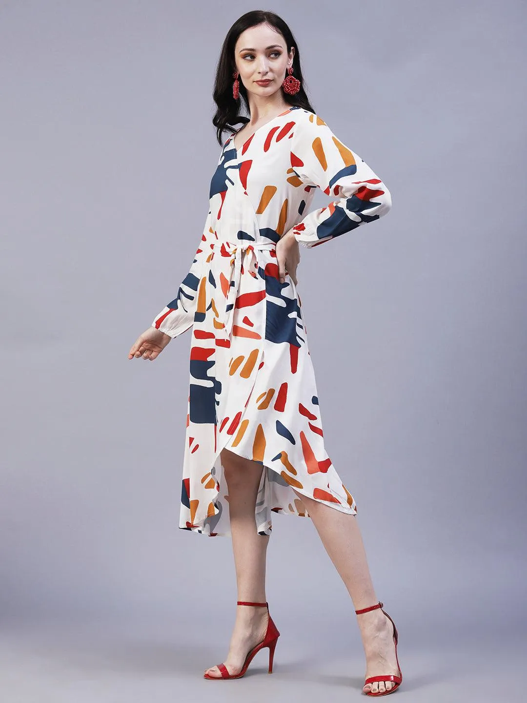 Abstract Printed Wrap A-Line Midi Dress with Belt - White