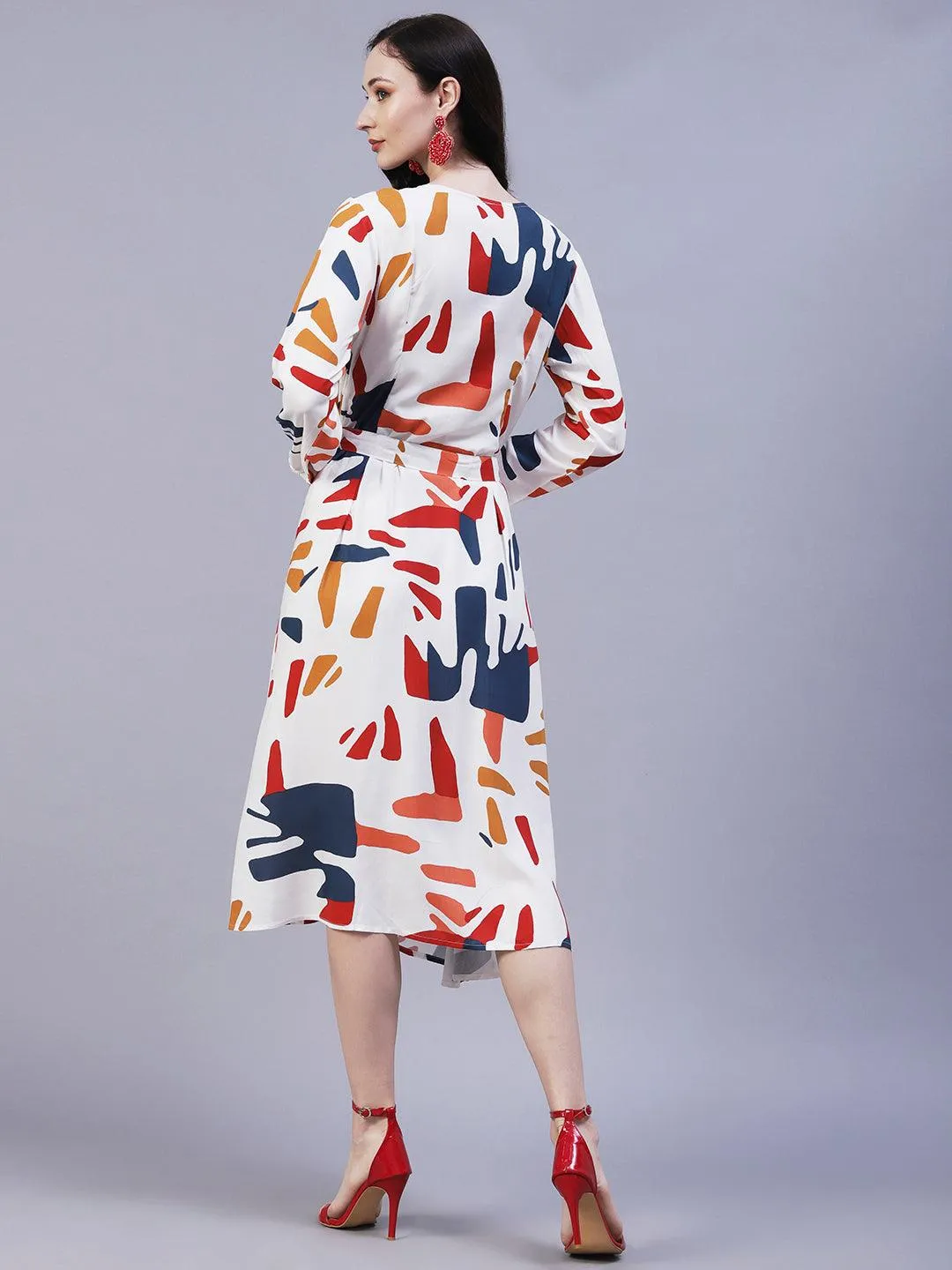 Abstract Printed Wrap A-Line Midi Dress with Belt - White