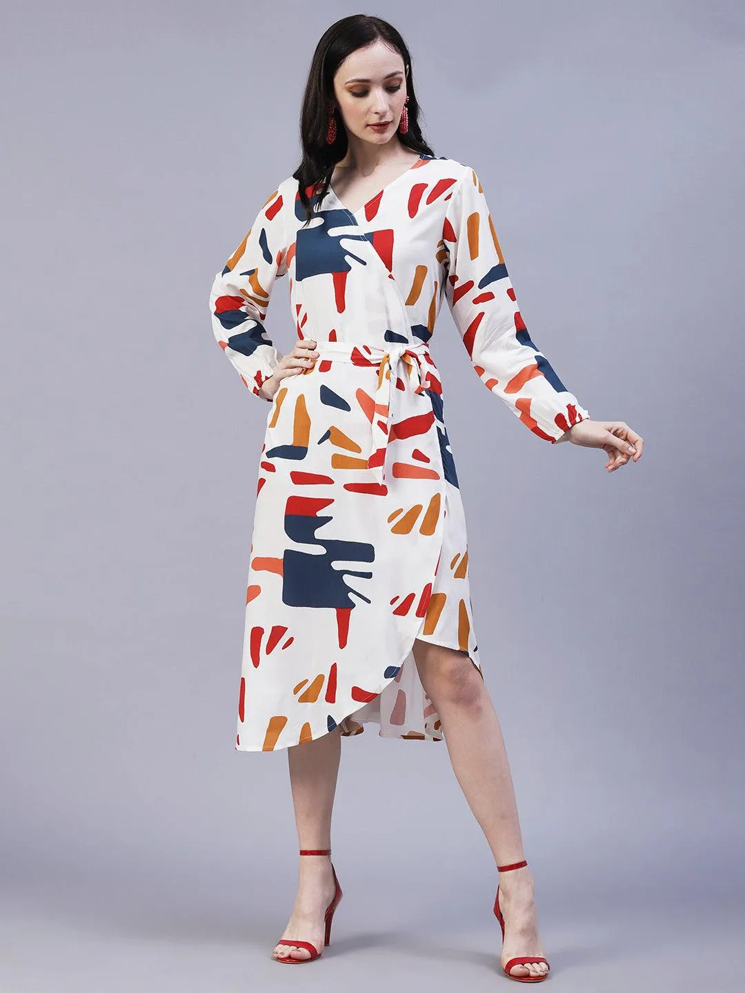 Abstract Printed Wrap A-Line Midi Dress with Belt - White