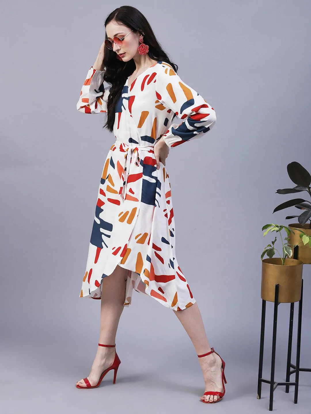 Abstract Printed Wrap A-Line Midi Dress with Belt - White