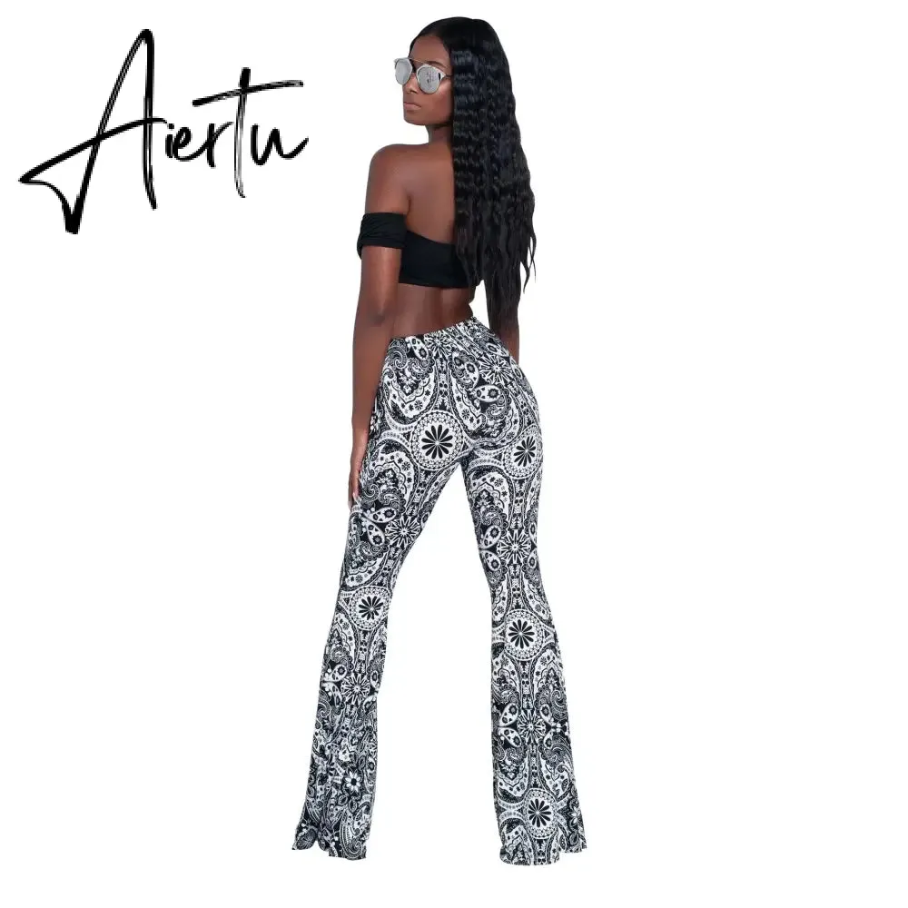 Aiertu Summer New Women High-Waist Stretch-Print Trousers Wide-Leg Loose-Fitting Trousers Sexy Flared Pants Bottom Casual Leggings