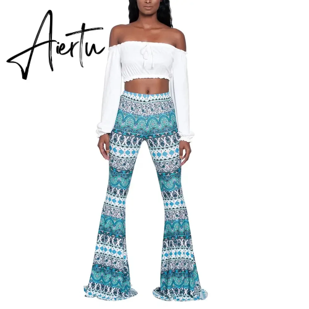 Aiertu Summer New Women High-Waist Stretch-Print Trousers Wide-Leg Loose-Fitting Trousers Sexy Flared Pants Bottom Casual Leggings