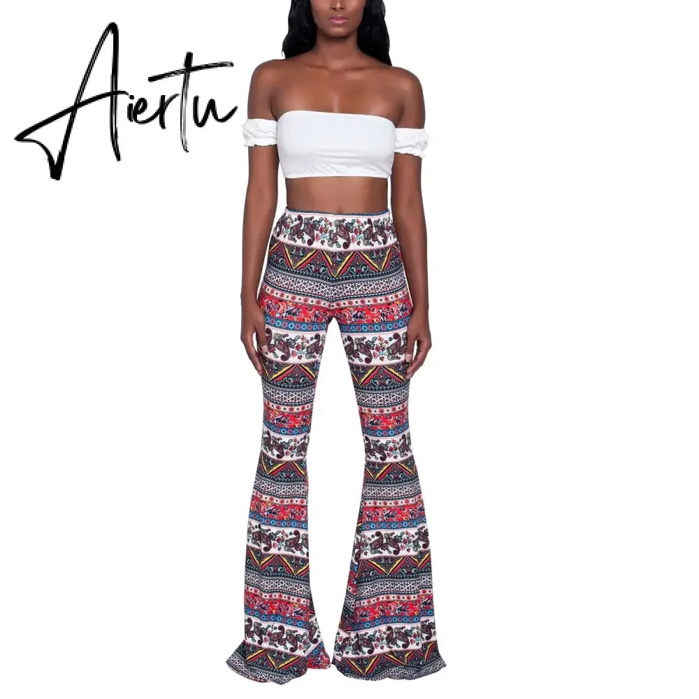 Aiertu Summer New Women High-Waist Stretch-Print Trousers Wide-Leg Loose-Fitting Trousers Sexy Flared Pants Bottom Casual Leggings