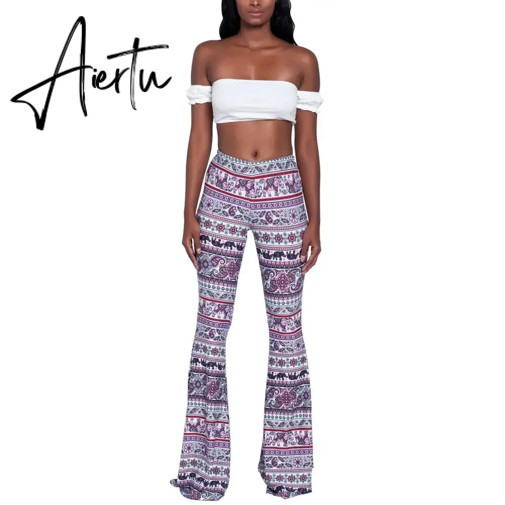 Aiertu Summer New Women High-Waist Stretch-Print Trousers Wide-Leg Loose-Fitting Trousers Sexy Flared Pants Bottom Casual Leggings