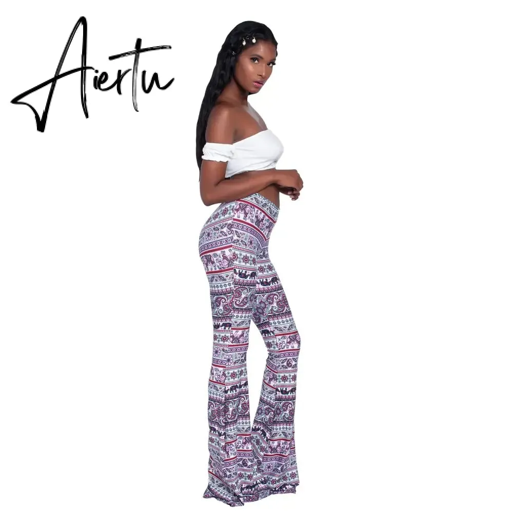 Aiertu Summer New Women High-Waist Stretch-Print Trousers Wide-Leg Loose-Fitting Trousers Sexy Flared Pants Bottom Casual Leggings