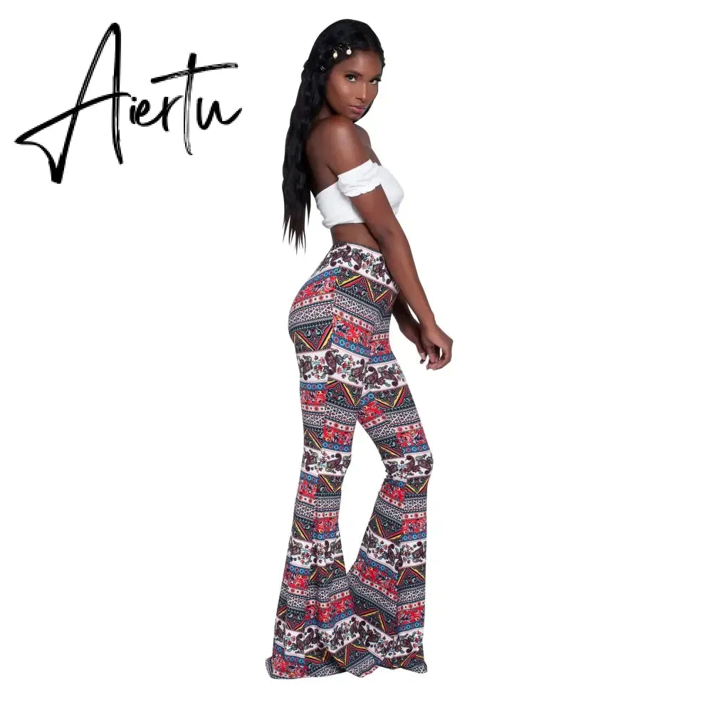 Aiertu Summer New Women High-Waist Stretch-Print Trousers Wide-Leg Loose-Fitting Trousers Sexy Flared Pants Bottom Casual Leggings