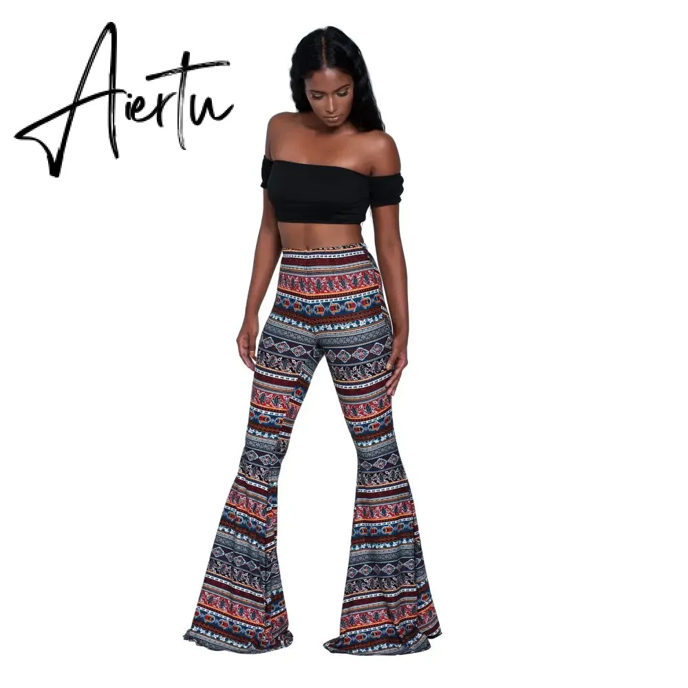 Aiertu Summer New Women High-Waist Stretch-Print Trousers Wide-Leg Loose-Fitting Trousers Sexy Flared Pants Bottom Casual Leggings