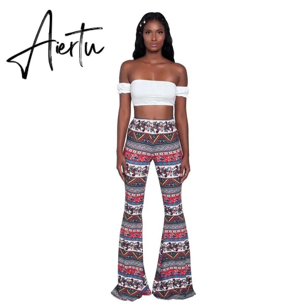 Aiertu Summer New Women High-Waist Stretch-Print Trousers Wide-Leg Loose-Fitting Trousers Sexy Flared Pants Bottom Casual Leggings