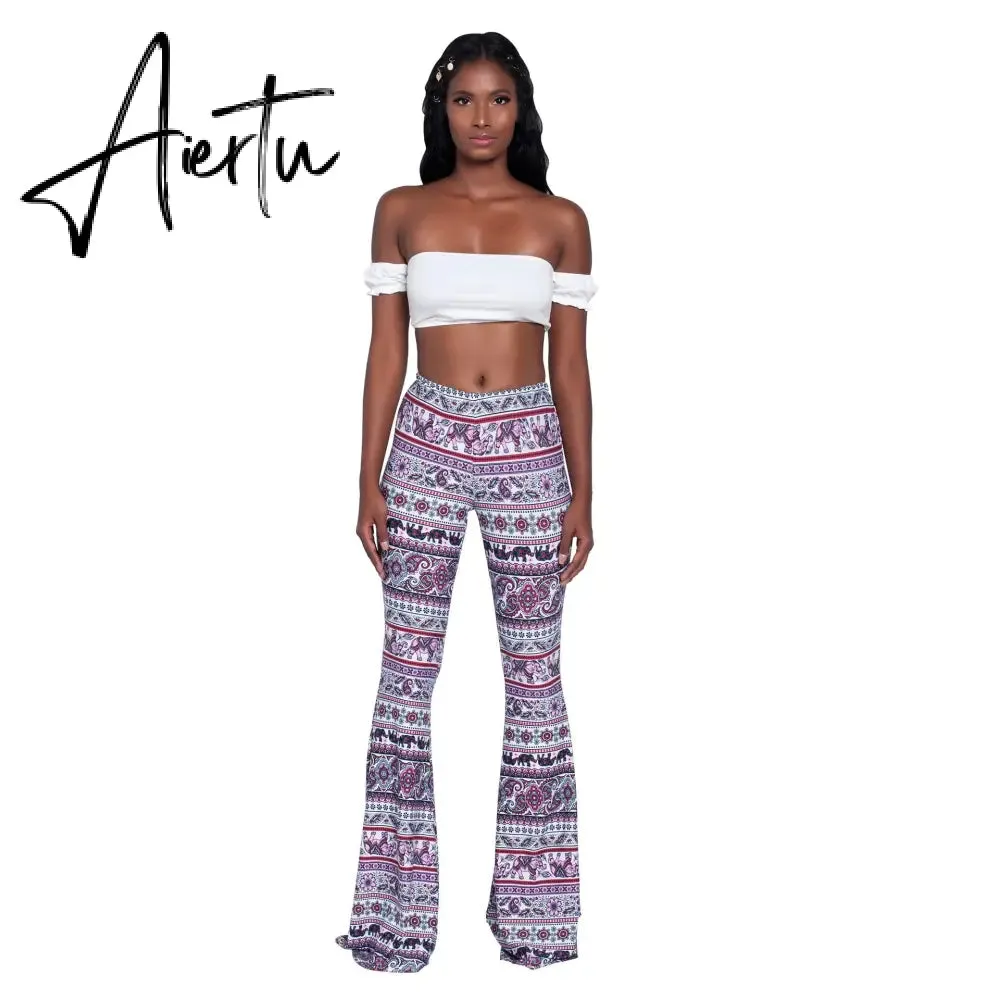 Aiertu Summer New Women High-Waist Stretch-Print Trousers Wide-Leg Loose-Fitting Trousers Sexy Flared Pants Bottom Casual Leggings