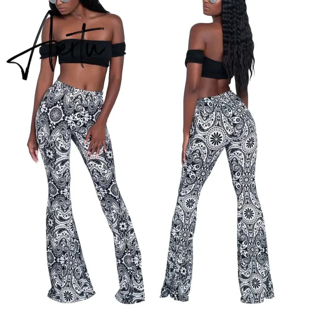 Aiertu Summer New Women High-Waist Stretch-Print Trousers Wide-Leg Loose-Fitting Trousers Sexy Flared Pants Bottom Casual Leggings