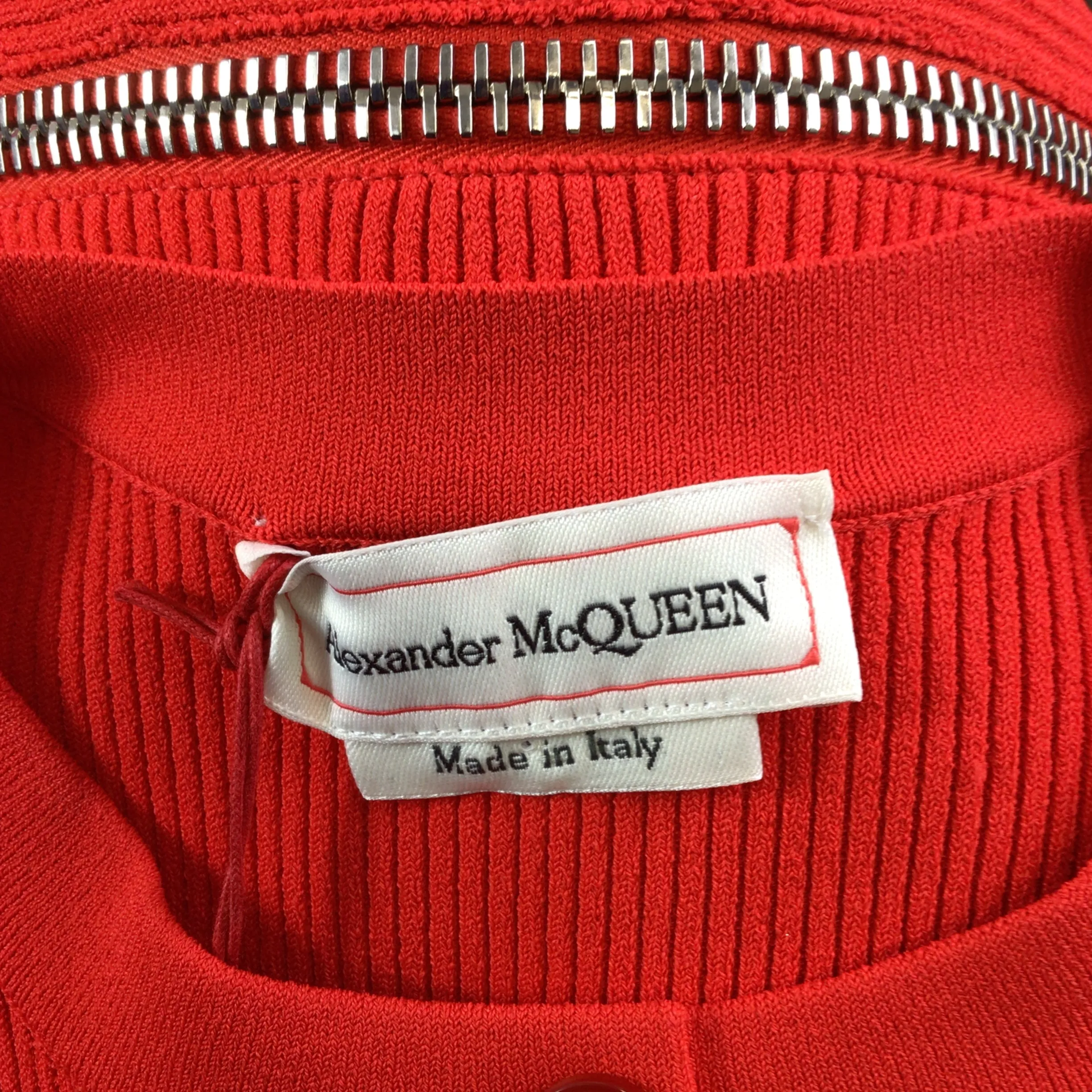 Alexander McQueen Red / Silver Zipper Detail Peplum Hem Cardigan Sweater