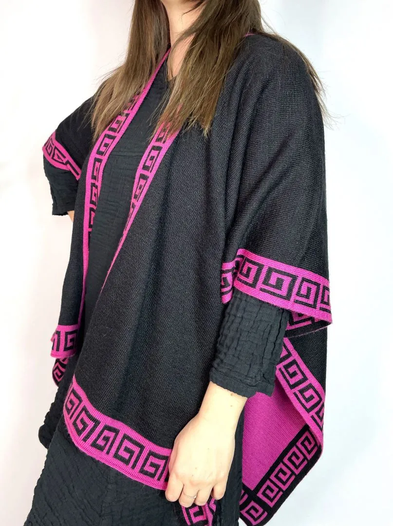 Alpaca Reversible Shawl - Women's Ruana Wrap - Black and Fuscia , Peru