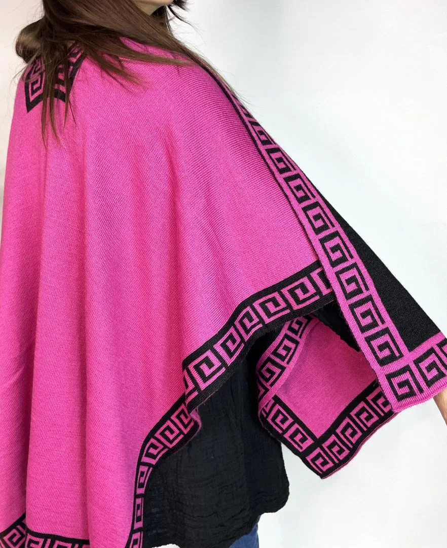 Alpaca Reversible Shawl - Women's Ruana Wrap - Black and Fuscia , Peru