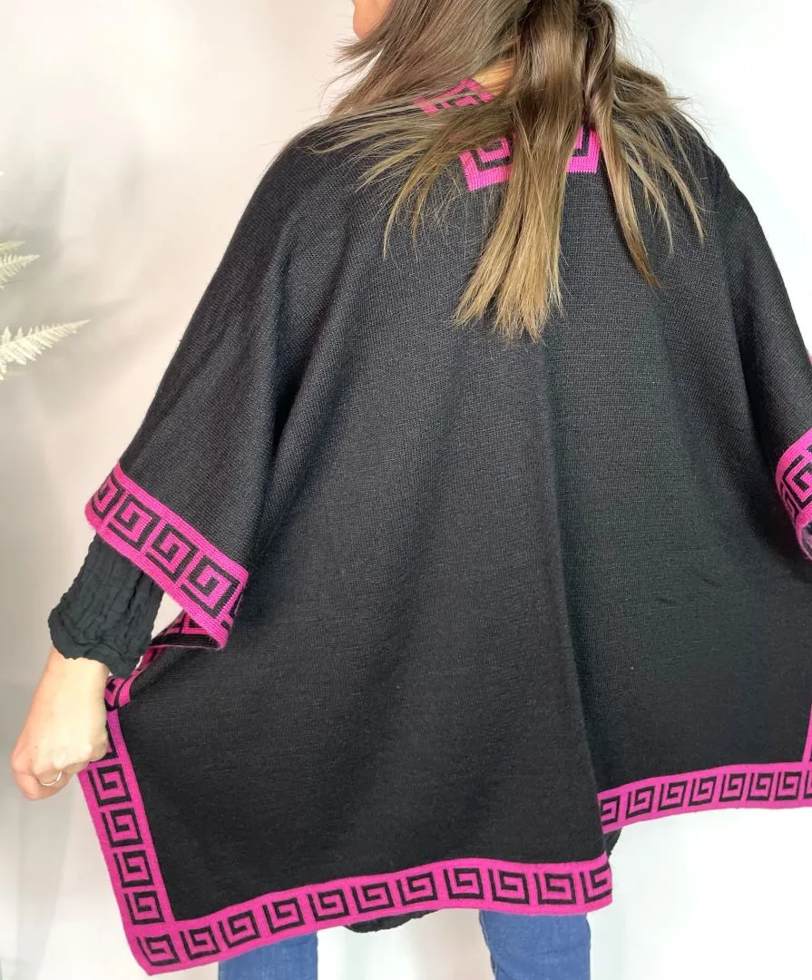 Alpaca Reversible Shawl - Women's Ruana Wrap - Black and Fuscia , Peru