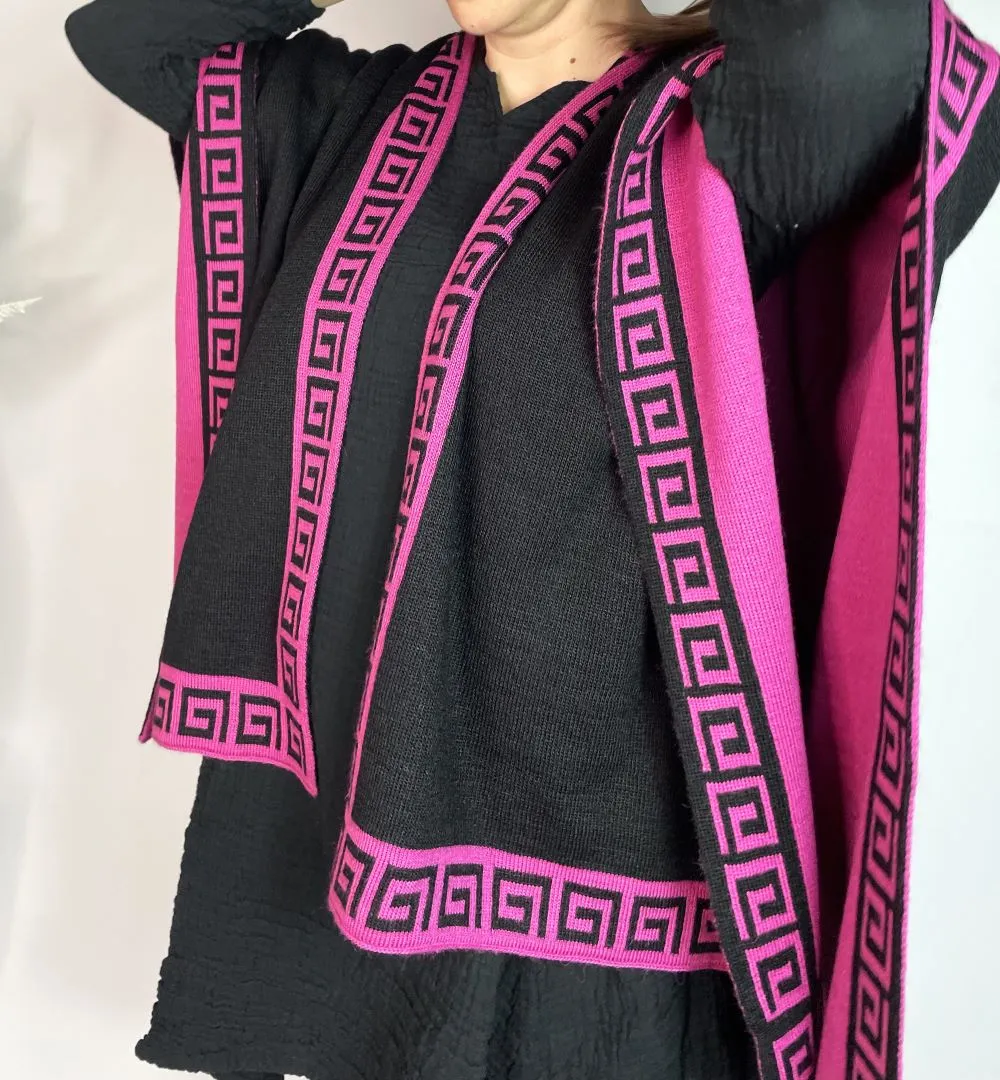 Alpaca Reversible Shawl - Women's Ruana Wrap - Black and Fuscia , Peru