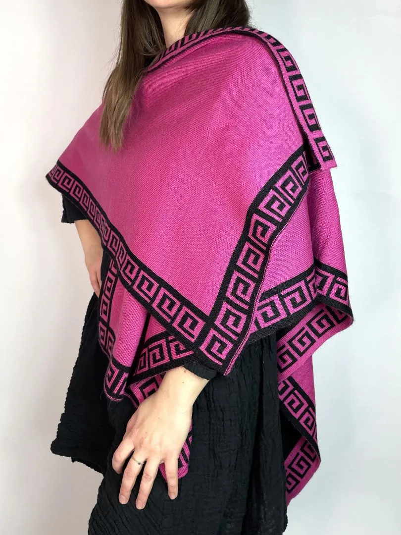 Alpaca Reversible Shawl - Women's Ruana Wrap - Black and Fuscia , Peru