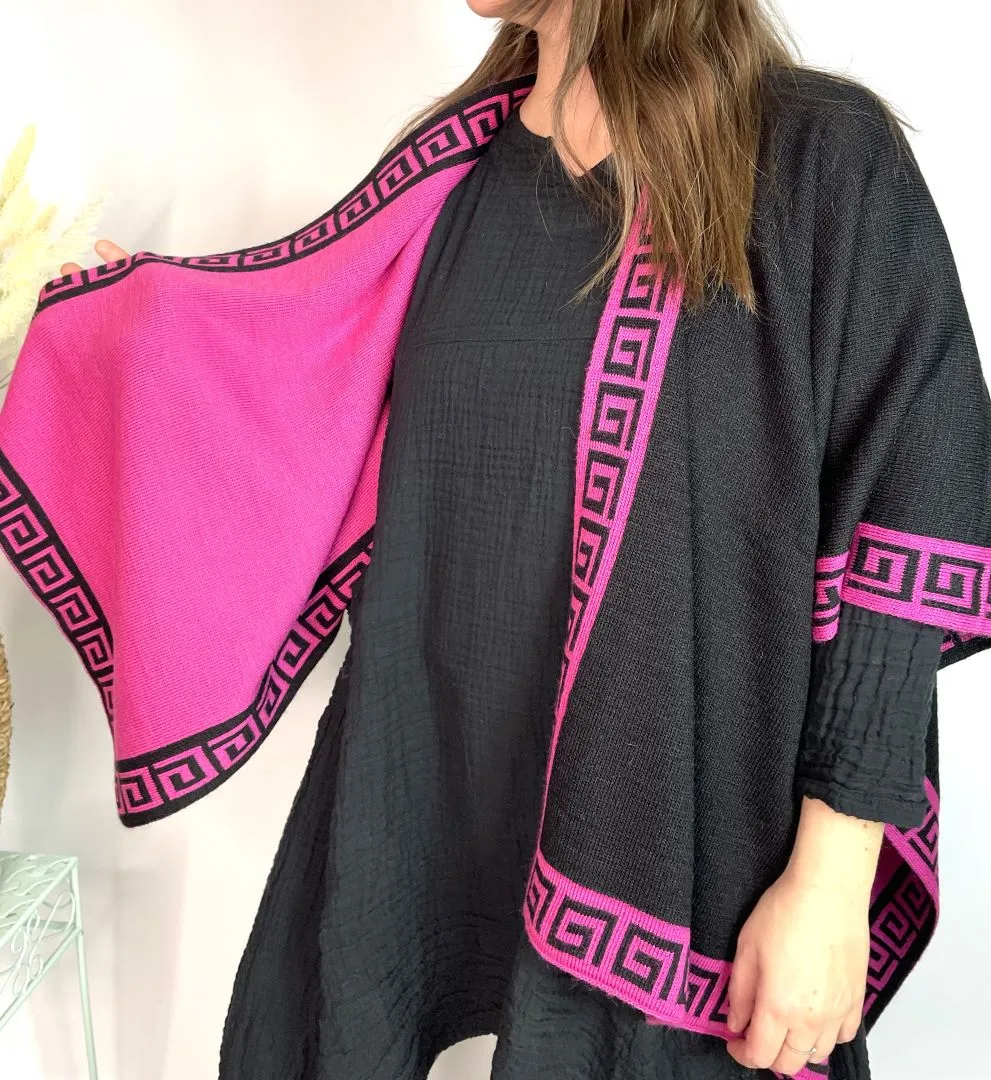 Alpaca Reversible Shawl - Women's Ruana Wrap - Black and Fuscia , Peru