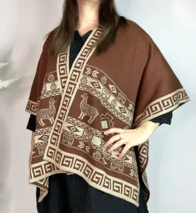 Alpaca Reversible Shawl - Women's Ruana Wrap - Brown and Cream, Peru