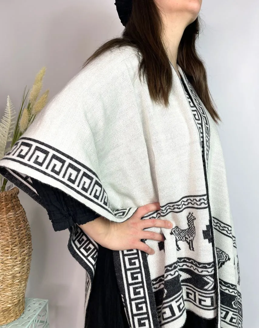 Alpaca Reversible Shawl - Women's Ruana Wrap - Gray and White, Peru