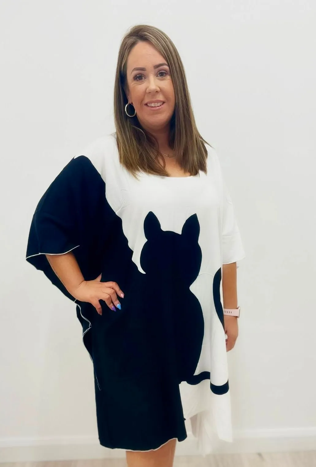 Angel Circle Black Cat Tunic Dress in White