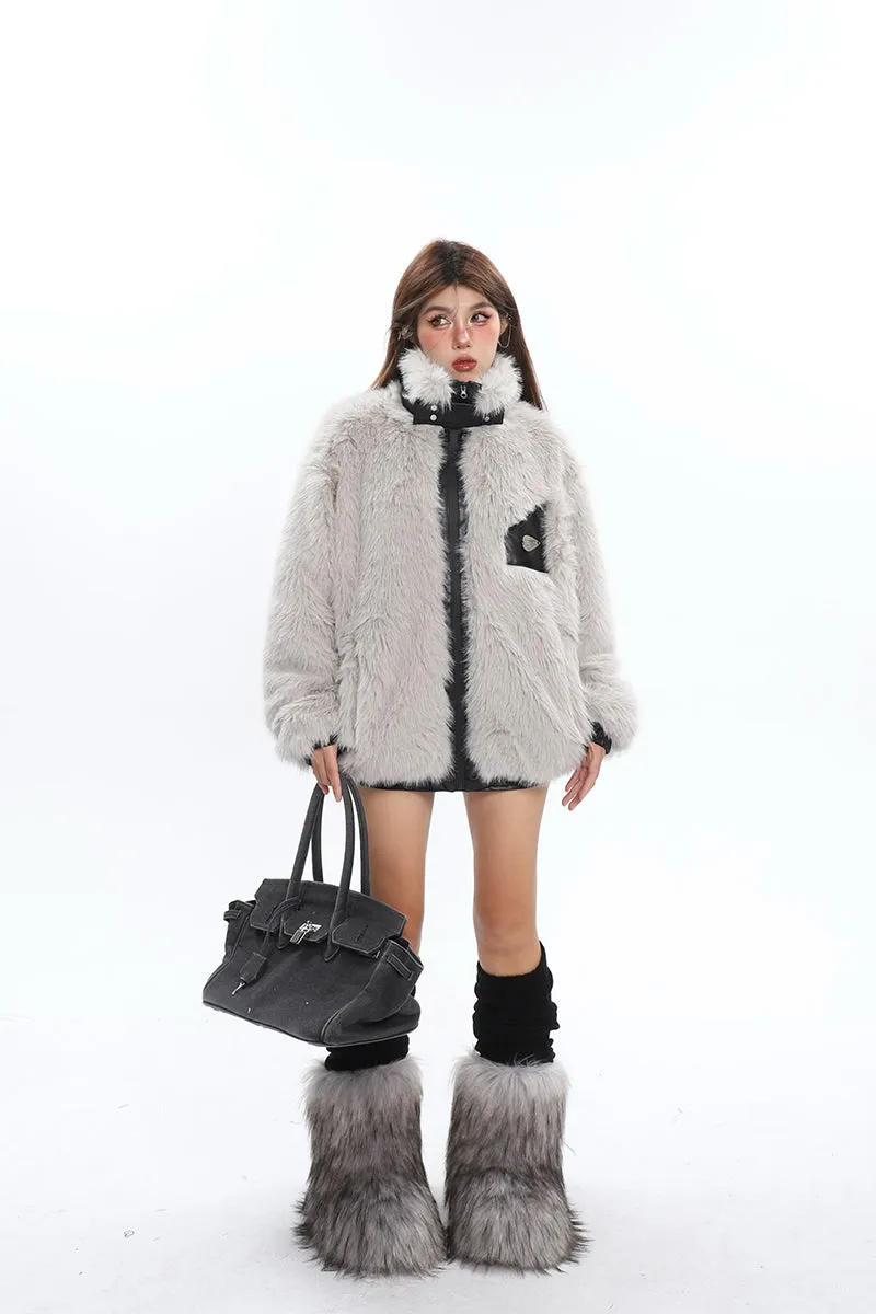 Annabella Faux Fur Patchwork Faux Leather Zip Up Jacket