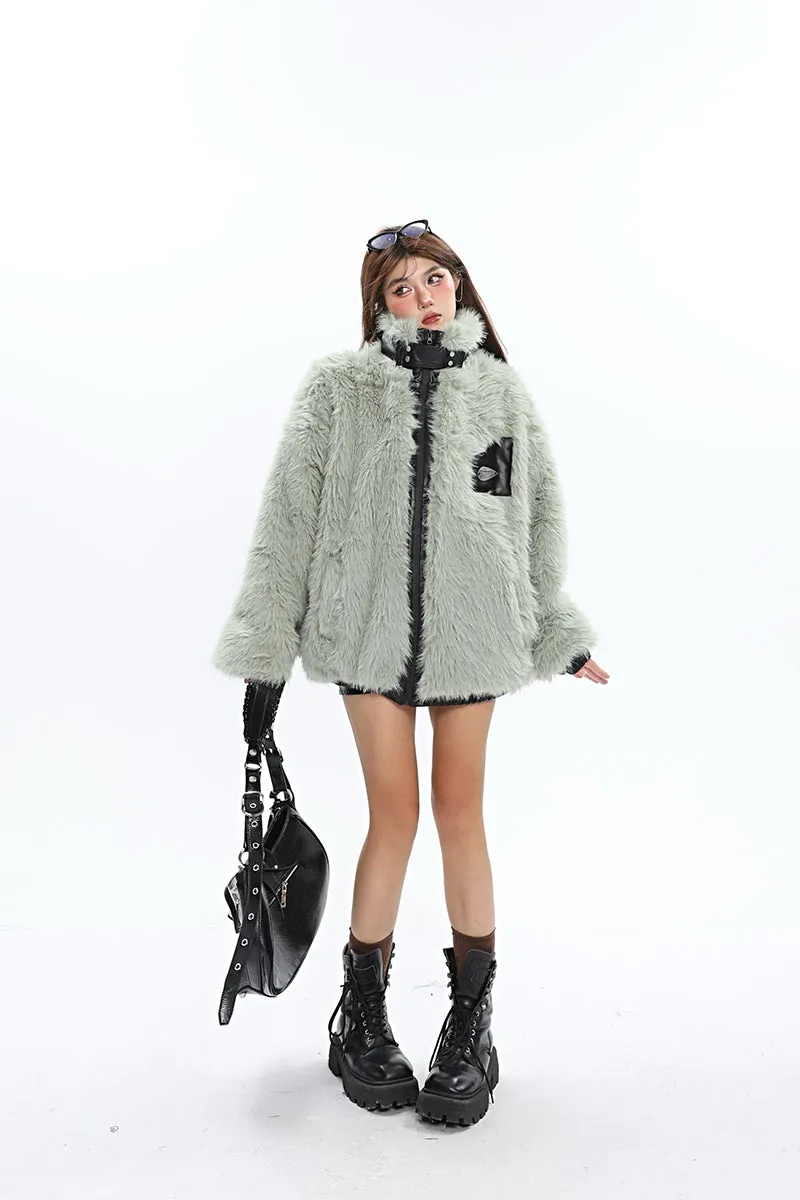 Annabella Faux Fur Patchwork Faux Leather Zip Up Jacket