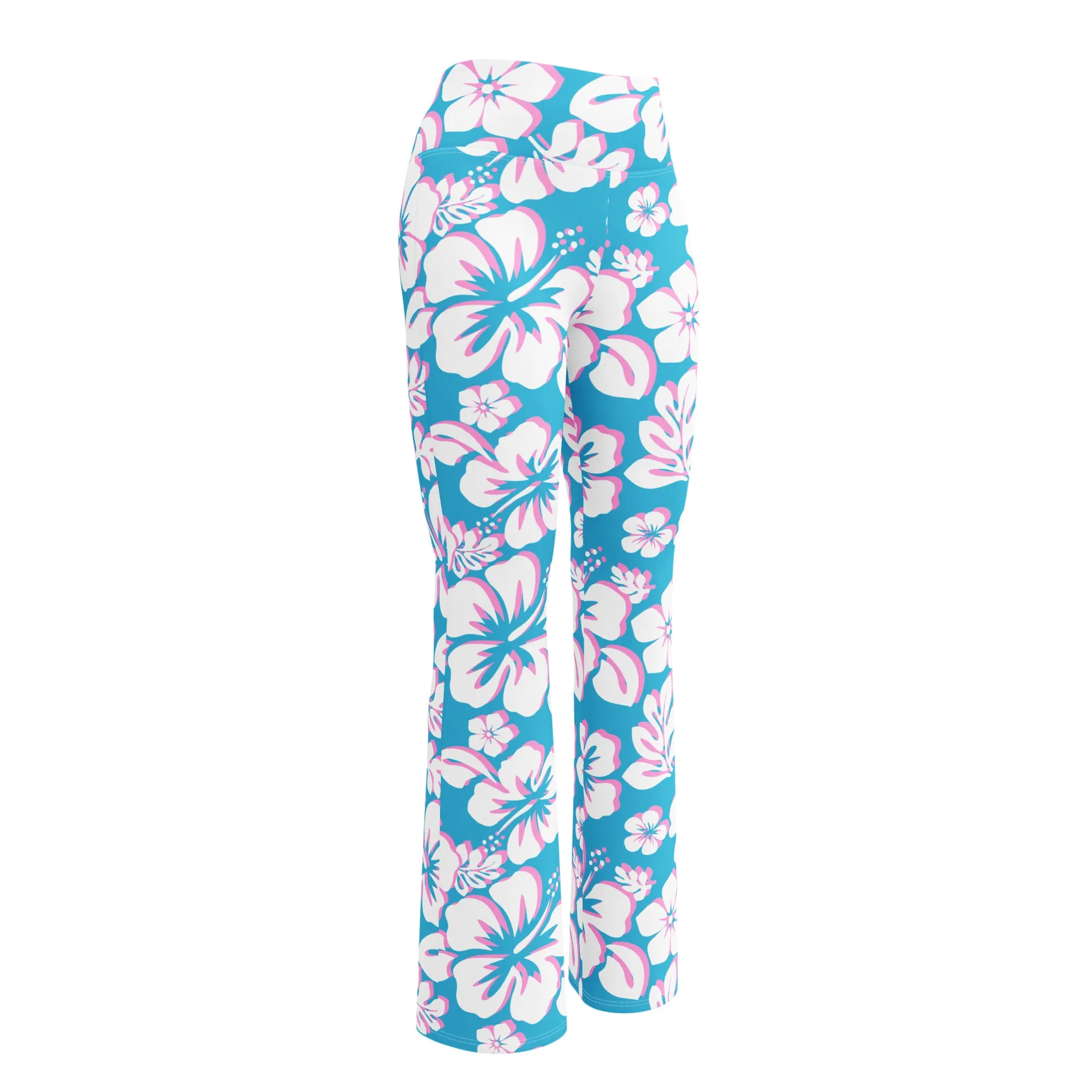 Aqua Blue, Pink and White Hawaiian Flowers Flare Leggings