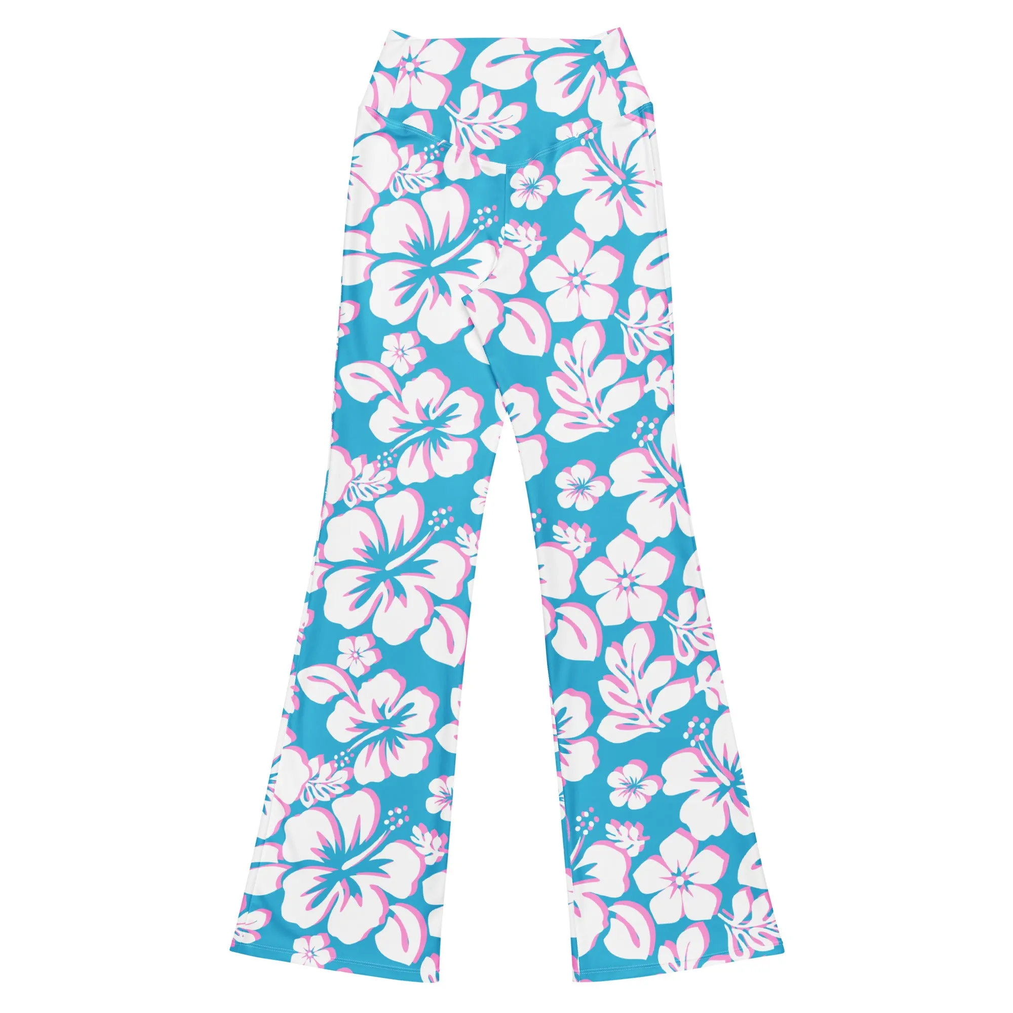 Aqua Blue, Pink and White Hawaiian Flowers Flare Leggings