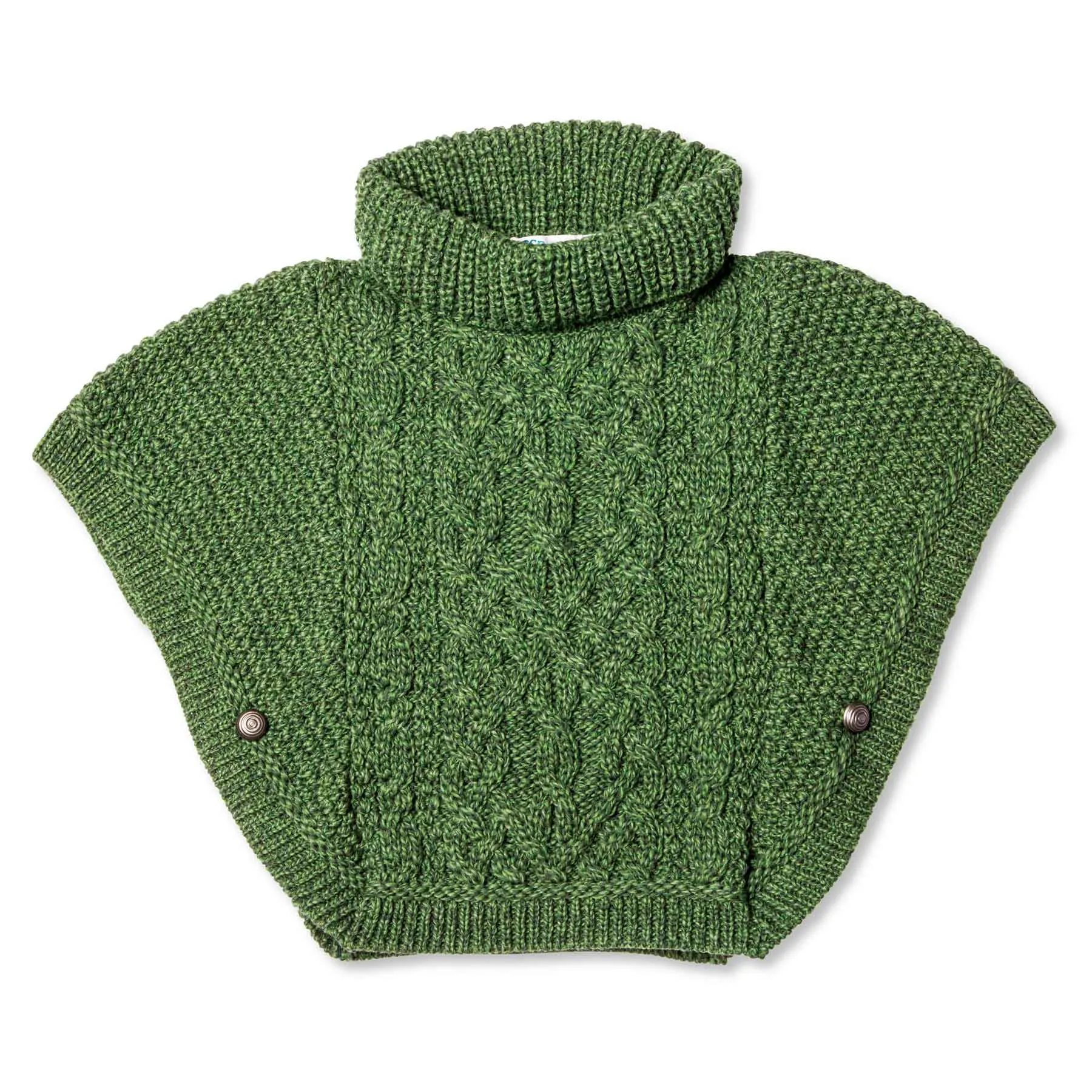 Aran Knit Roll Neck Childrens Wool Poncho - Green