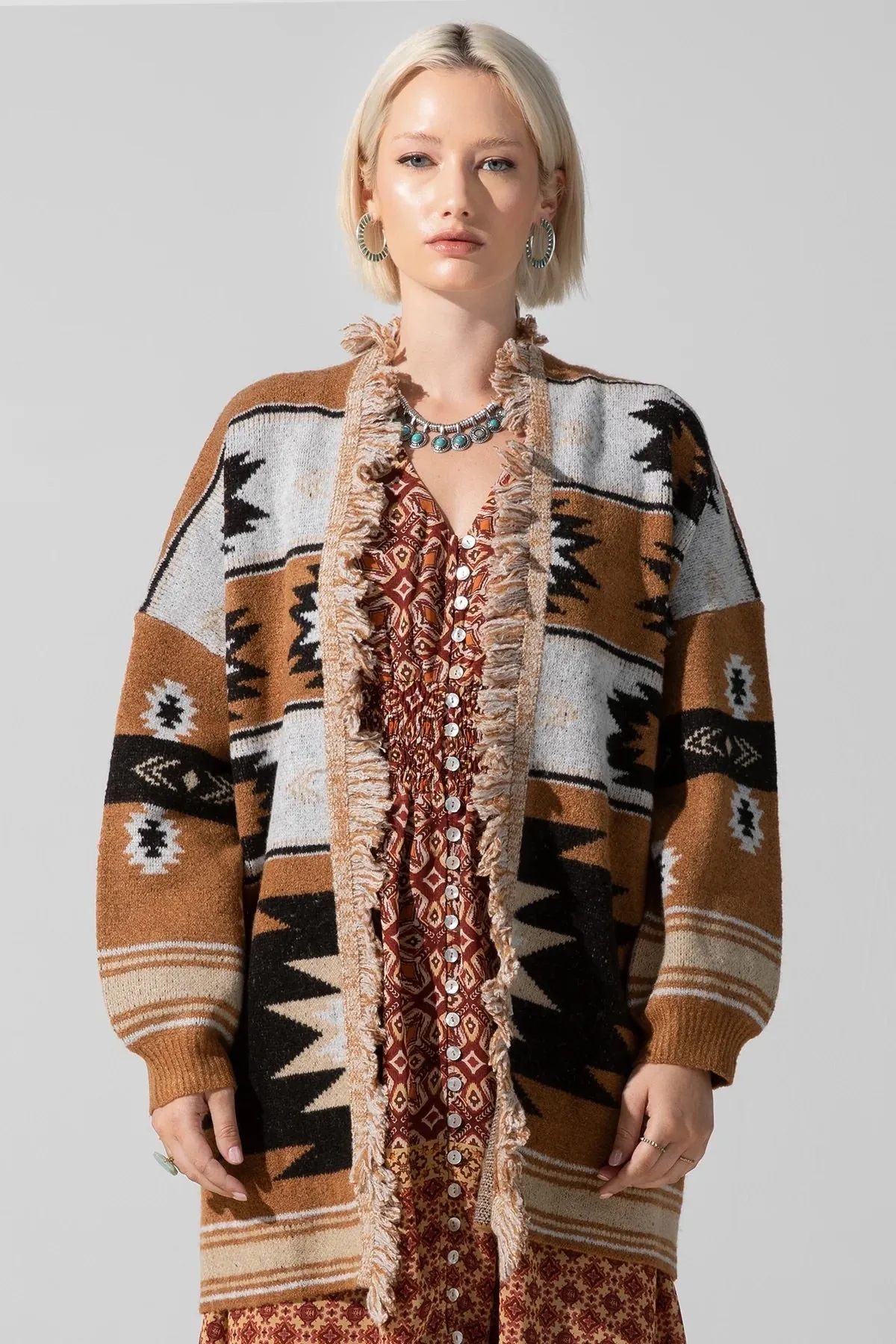 Aztec Print Fringe Cardigan