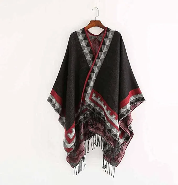 Aztec Ruana Poncho In 10 Different Colors Imitation Cashmere Indian Blanket Scarf Tribal Wrap Terracotta Black Turquoise Charcoal Gray Blue Beige One Size