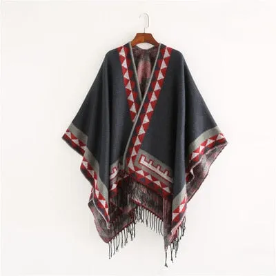 Aztec Ruana Poncho In 10 Different Colors Imitation Cashmere Indian Blanket Scarf Tribal Wrap Terracotta Black Turquoise Charcoal Gray Blue Beige One Size