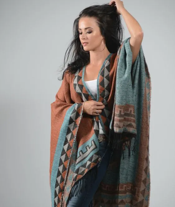 Aztec Ruana Poncho In 10 Different Colors Imitation Cashmere Indian Blanket Scarf Tribal Wrap Terracotta Black Turquoise Charcoal Gray Blue Beige One Size