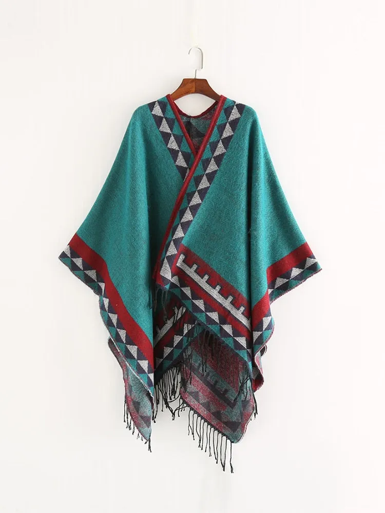 Aztec Ruana Poncho In 10 Different Colors Imitation Cashmere Indian Blanket Scarf Tribal Wrap Terracotta Black Turquoise Charcoal Gray Blue Beige One Size