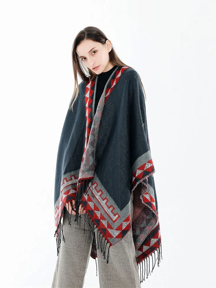 Aztec Ruana Poncho In 10 Different Colors Imitation Cashmere Indian Blanket Scarf Tribal Wrap Terracotta Black Turquoise Charcoal Gray Blue Beige One Size