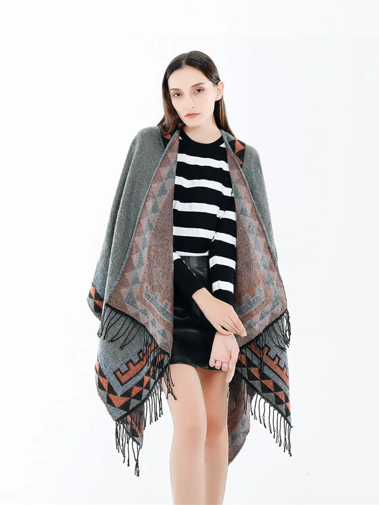 Aztec Ruana Poncho In 10 Different Colors Imitation Cashmere Indian Blanket Scarf Tribal Wrap Terracotta Black Turquoise Charcoal Gray Blue Beige One Size