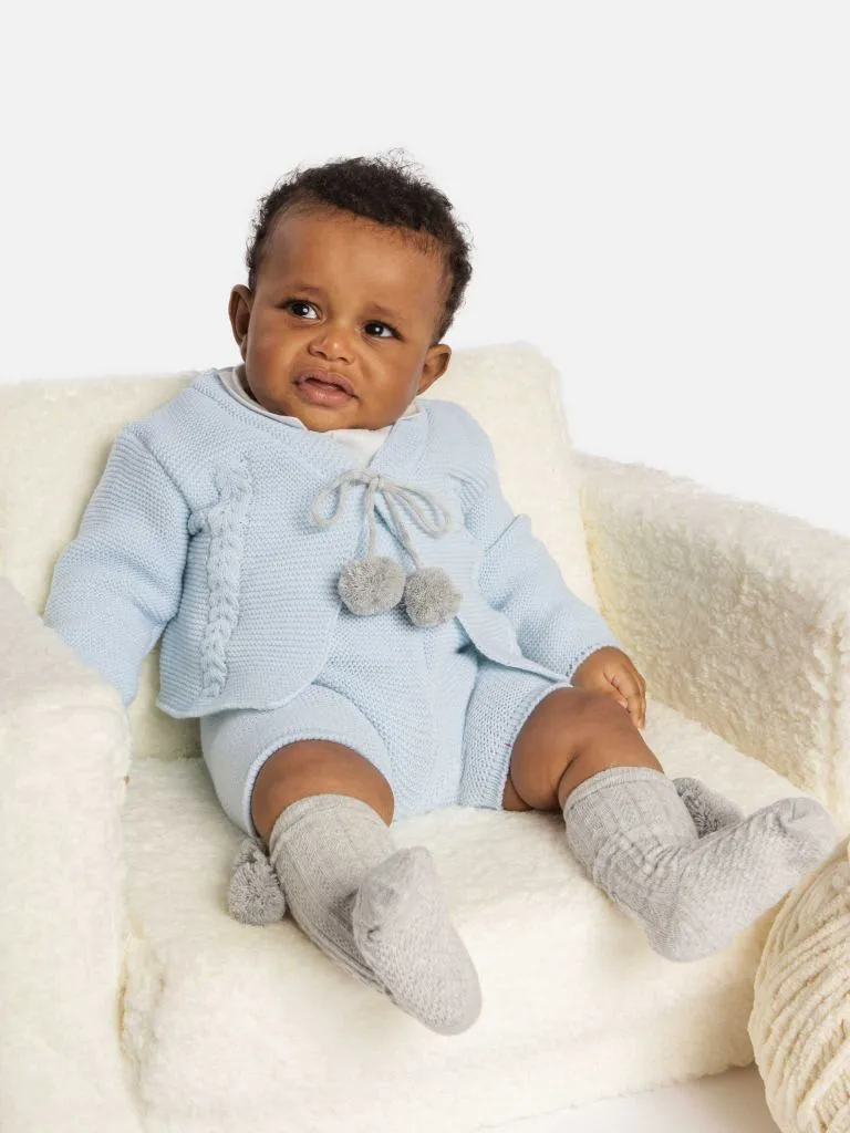 Baby Boy Andora Collection Knitted 2 piece set with Pom-poms - Baby Blue