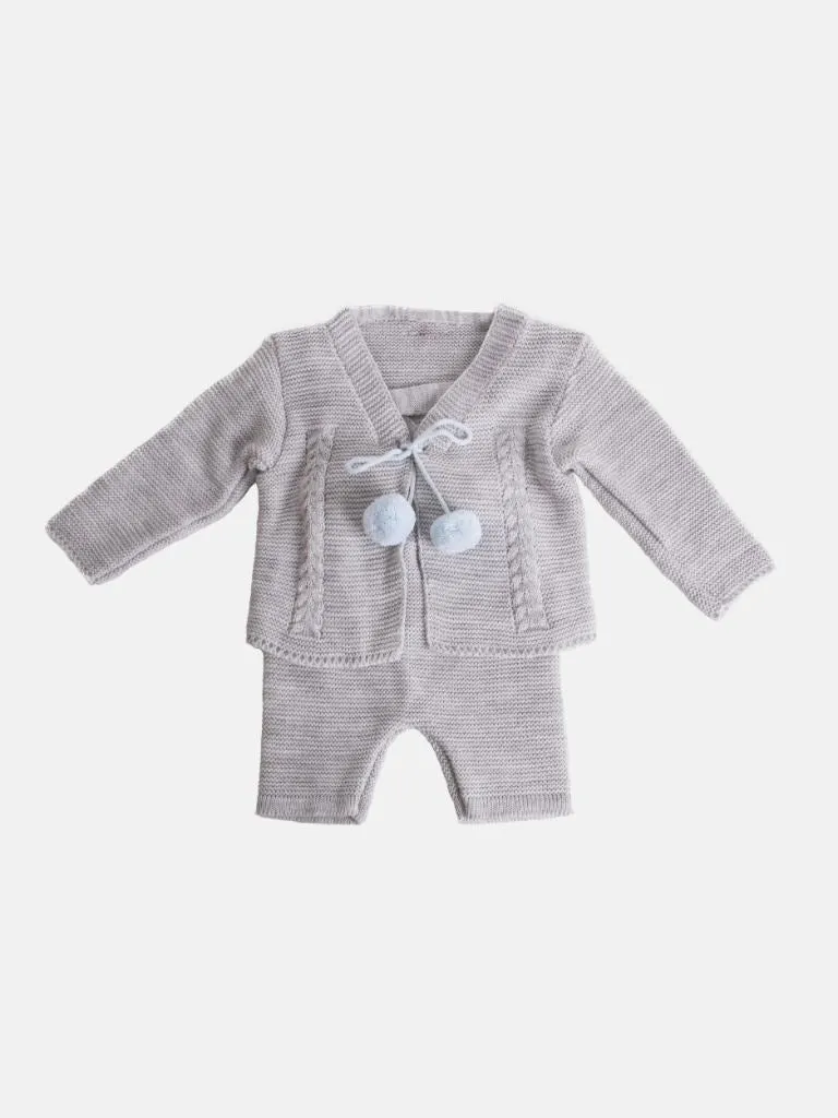 Baby Boy Andora Collection Knitted 2 piece set with Pom-poms - Grey