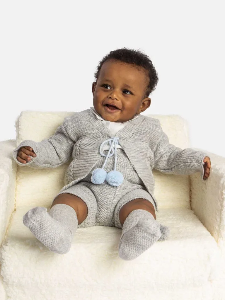 Baby Boy Andora Collection Knitted 2 piece set with Pom-poms - Grey