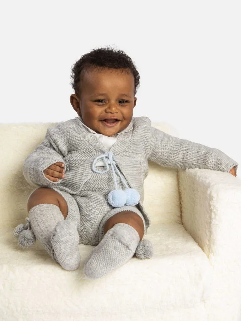 Baby Boy Andora Collection Knitted 2 piece set with Pom-poms - Grey