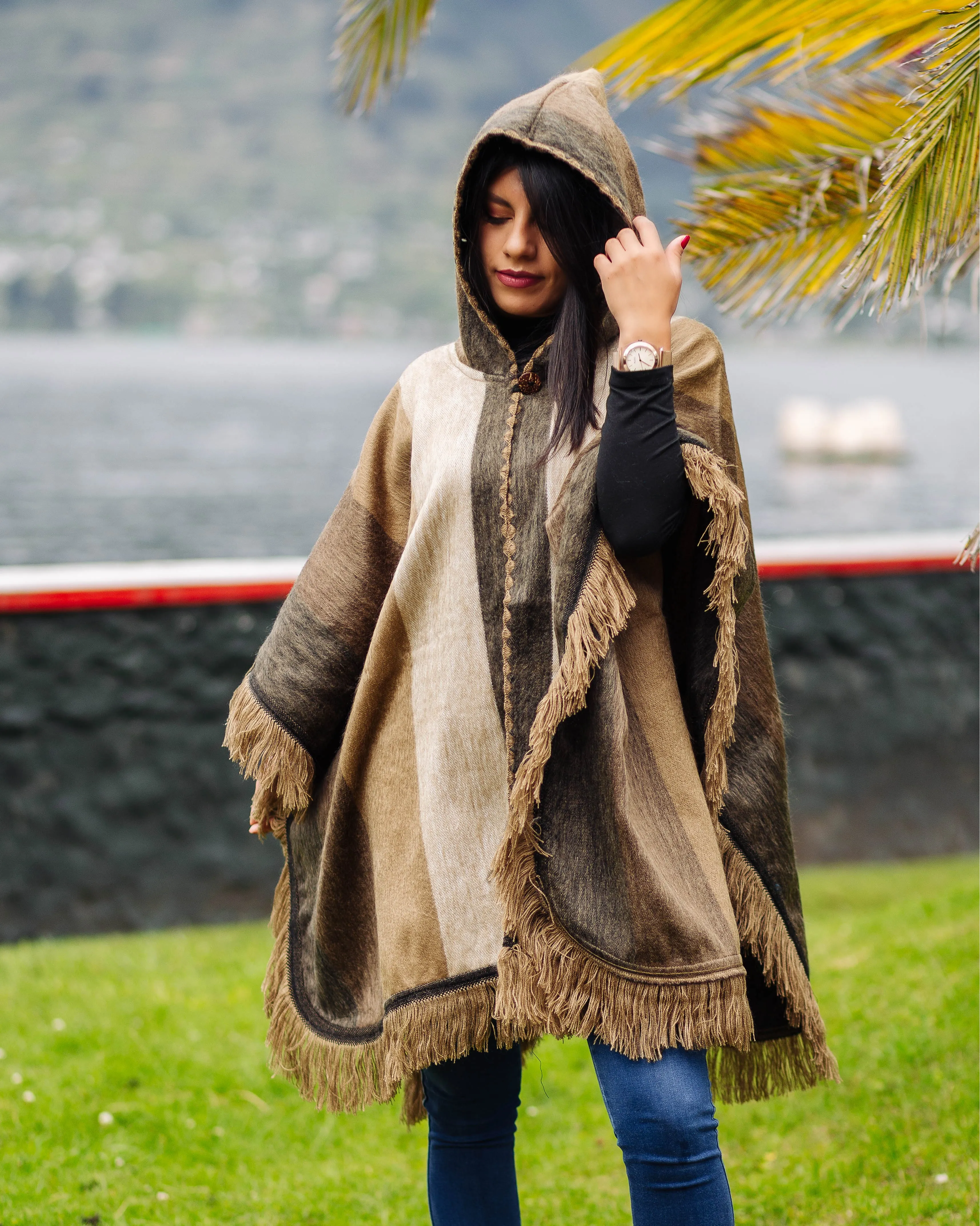 Beige Alpaca Poncho With Hood