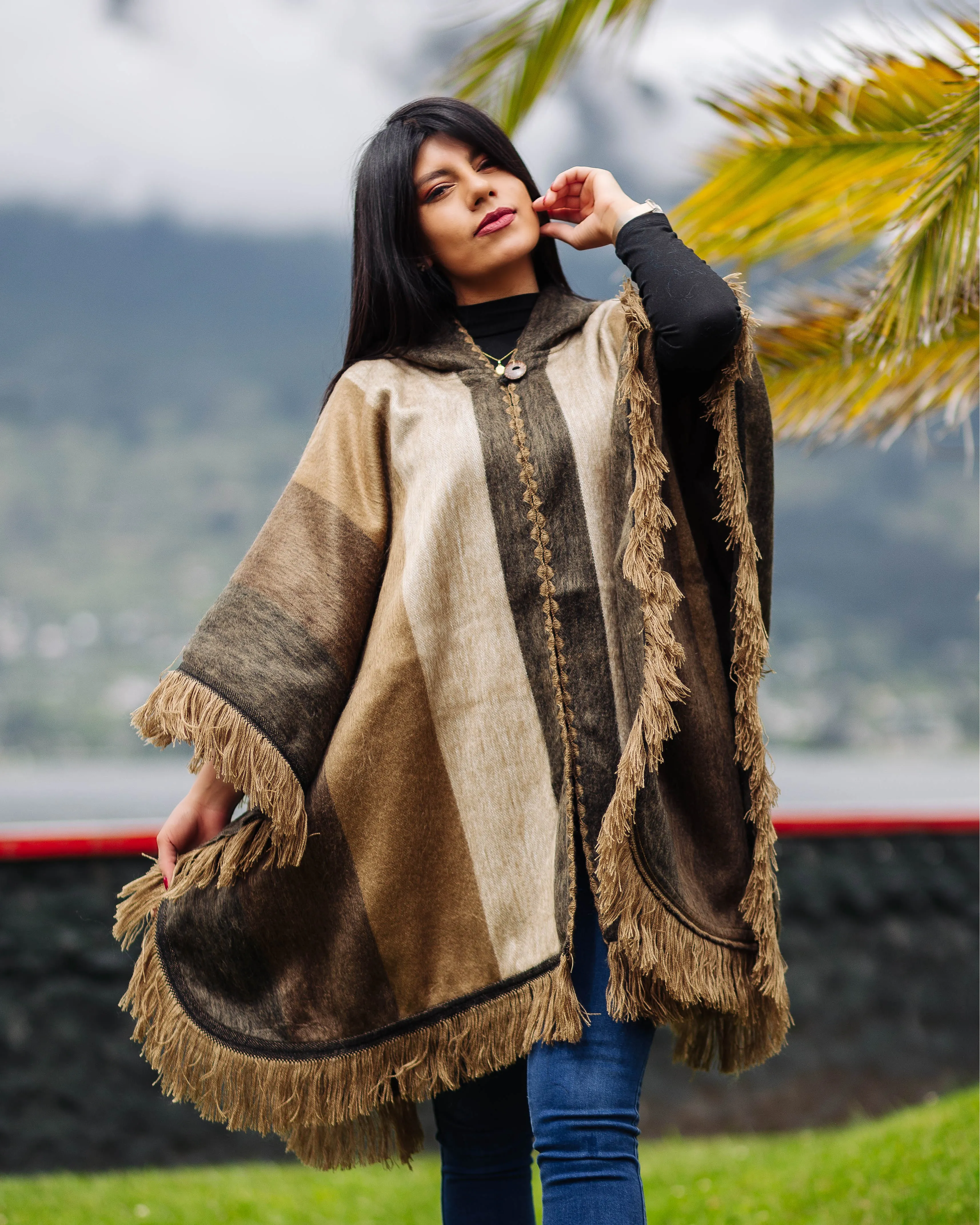 Beige Alpaca Poncho With Hood