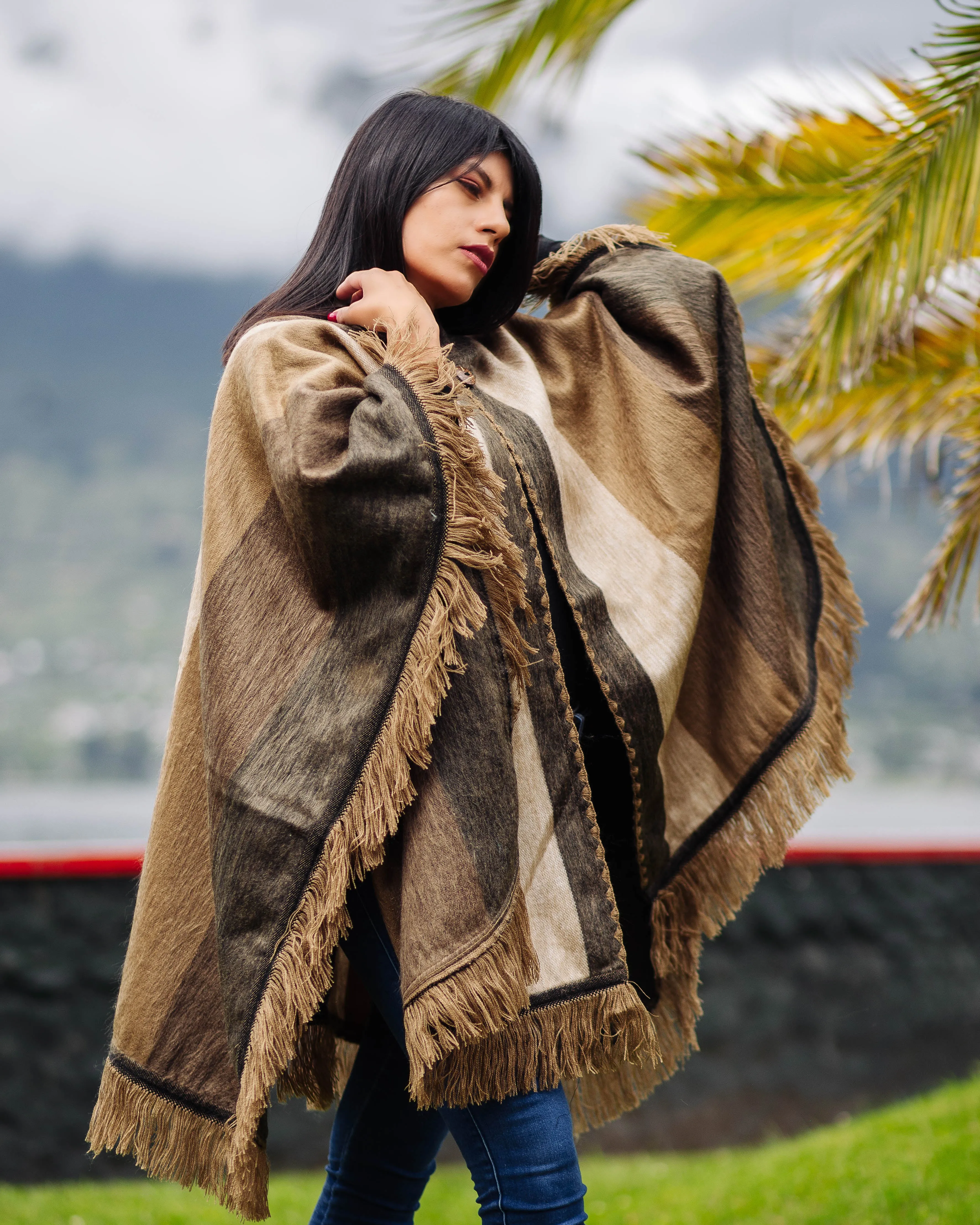 Beige Alpaca Poncho With Hood