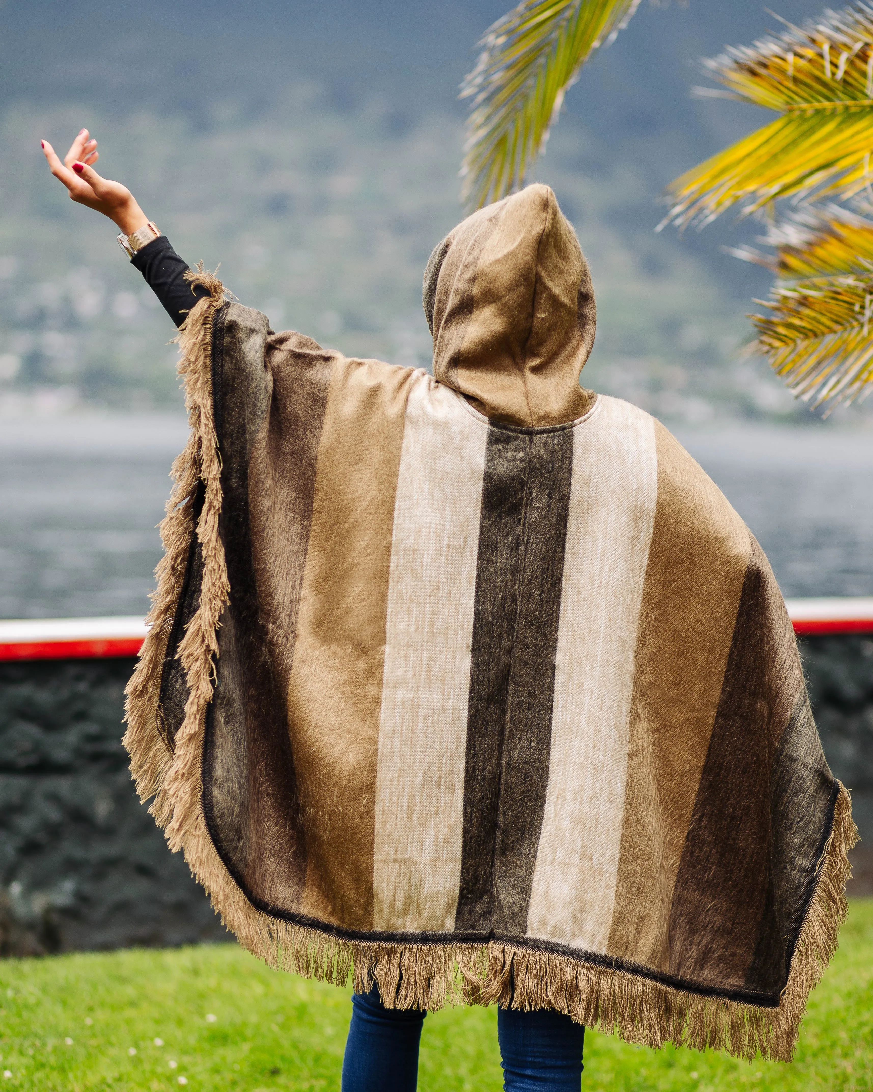 Beige Alpaca Poncho With Hood