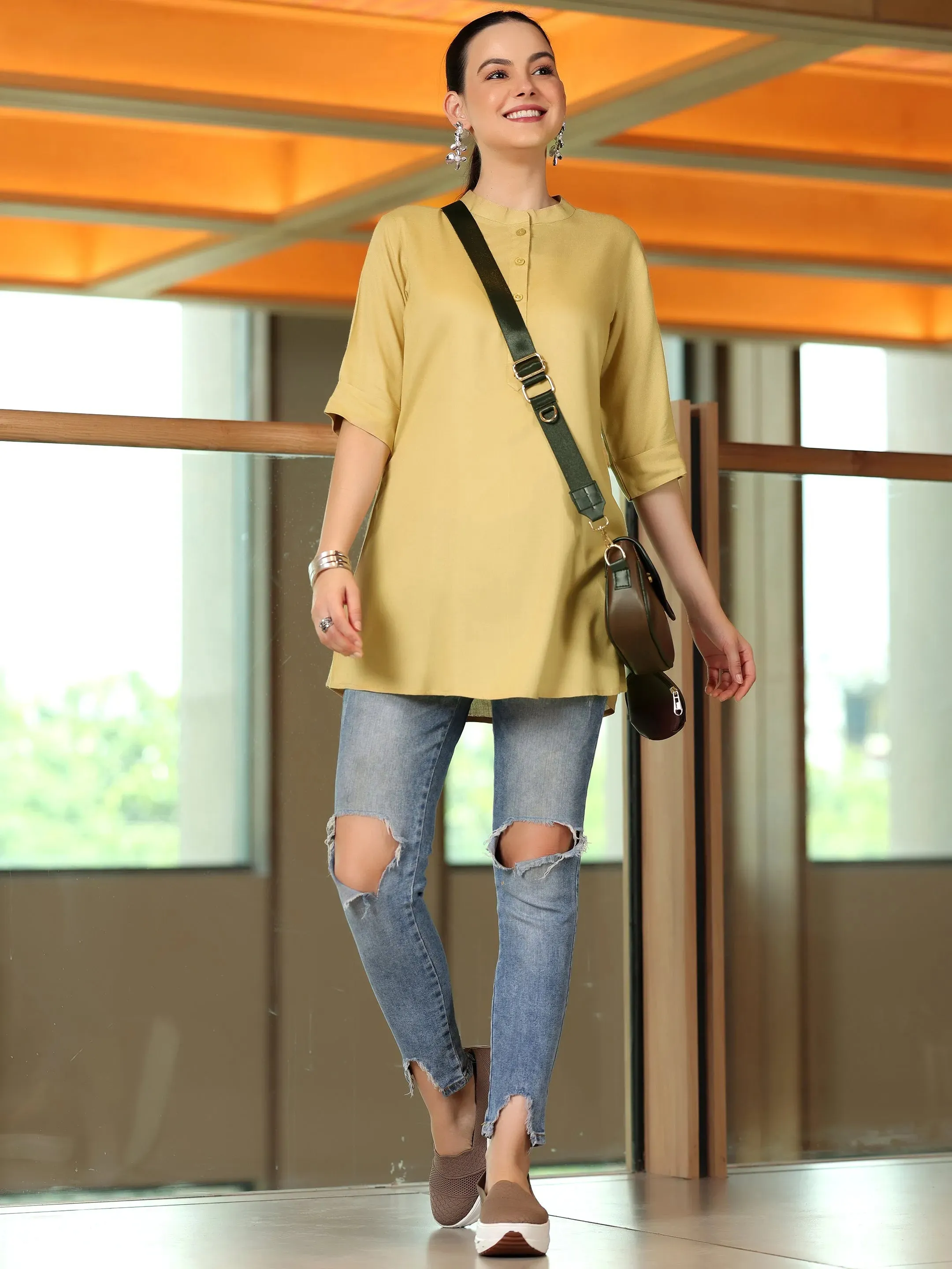 Beige Solid Rayon Straight Tunic