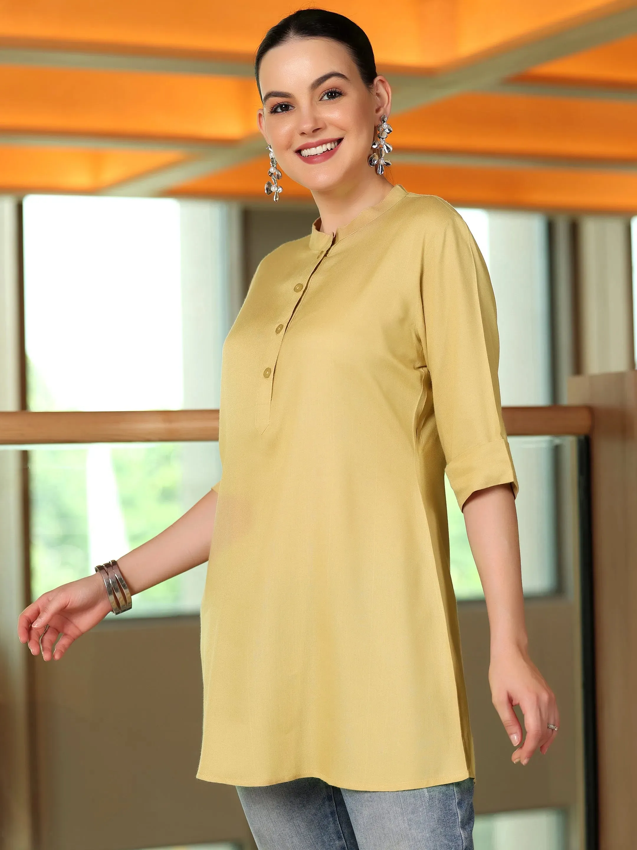 Beige Solid Rayon Straight Tunic